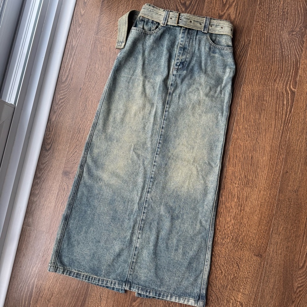 (BRAND NEW) Pixie Market Dirty Denim Belted Maxi Skirt size S